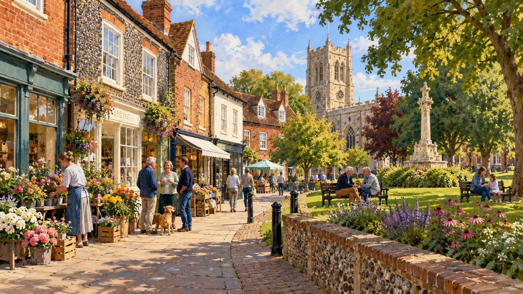 Artist’s impression of a friendly community gathering among historic Thetford town-centre buildings