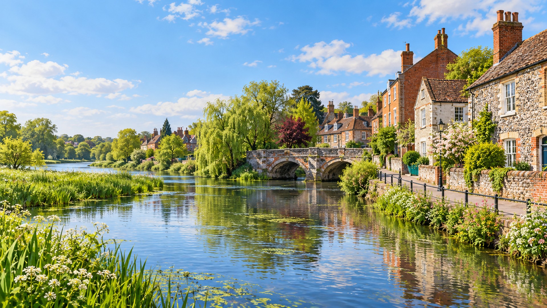 Artist’s impression of the Little Ouse riverside and historic buildings in Thetford, Norfolk