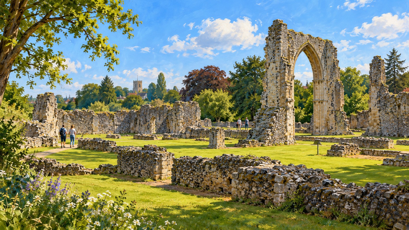 Artist’s impression of the medieval flint ruins and green grounds of Thetford Priory
